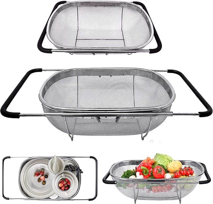 OLIYA-Premium Quality Over The Sink Stainless Steel Oval Colander with Fine Mesh 6 Quart Strainer Basket & Expandable Rubber Grip Handles - Strain, Drain, Rinse Fruits, Vegetables