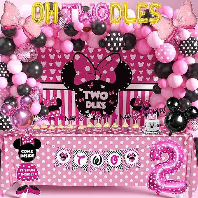 Cartoon Mouse Birthday Party Supplies Twodles 2nd Two Pink Mouse Party Decorations For Girl Baby Shower Pack (112 Pcs Including Backdrop, Tablecloth, Banner, Headband, Balloons Garland Arch Kit)