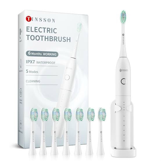 TINSSON White Electric Toothbrush with 8 Replacement Brush Heads, Rechargeable Tooth Brush 5s Splash-Proof Fast Charge for 180 Days with 5 Modes, 2 Minute Smart Timer