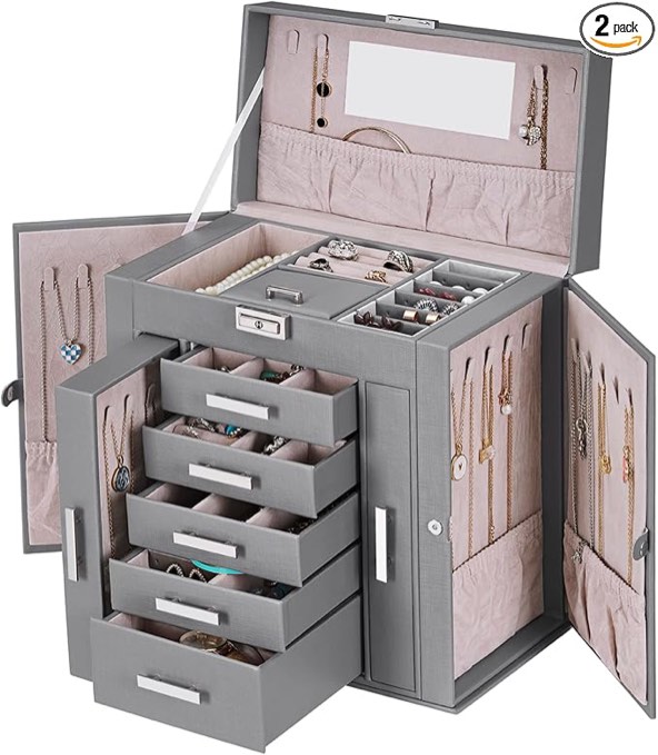 ANWBROAD Large Jewelry Box Women Jewelery Organizer Box Jewelry Holder Organizer Jewelry Storage Case for All Jewelry with Lock Mirror for Necklaces Earrings Rings Bracelets UJJB028B