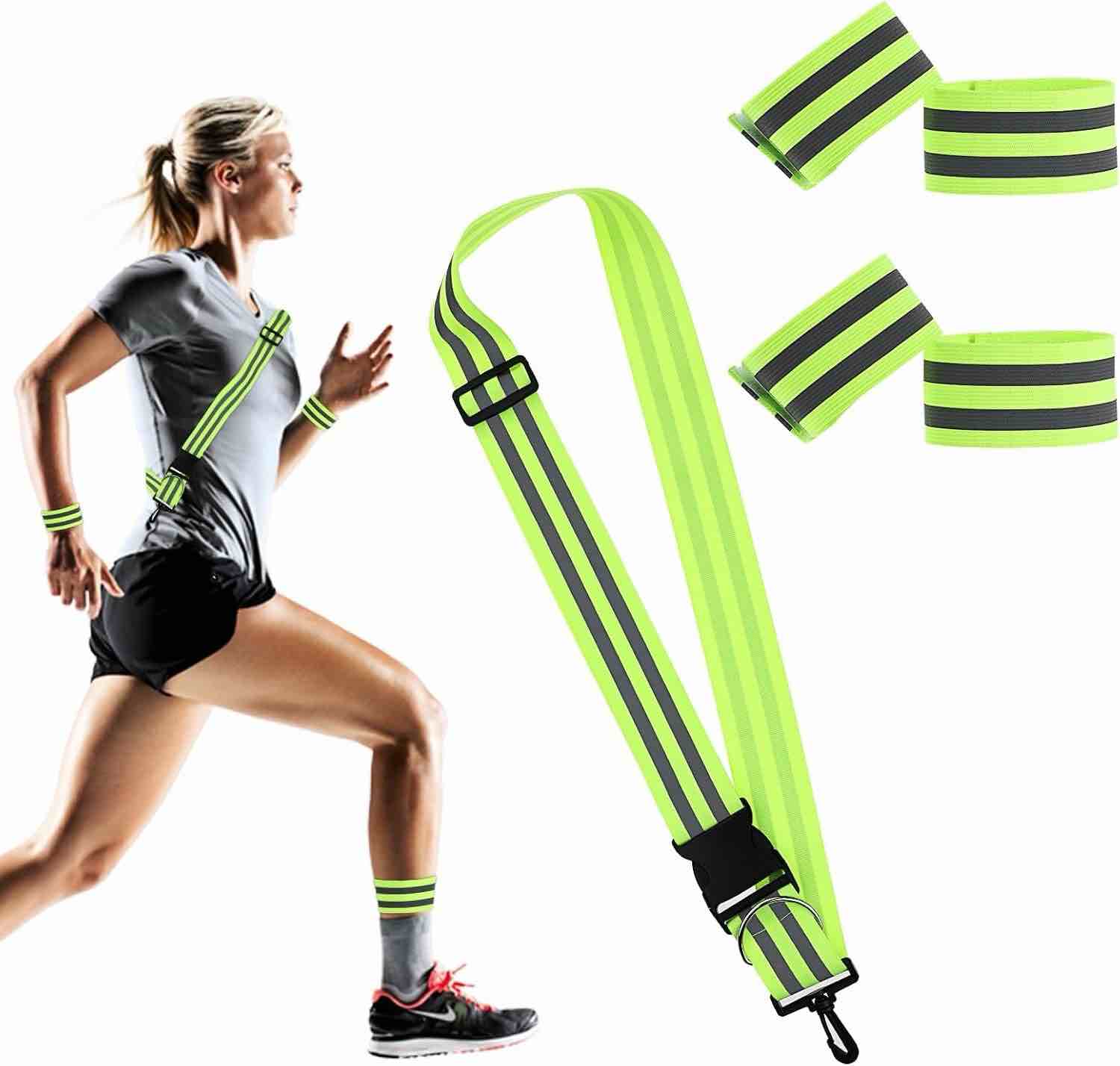 Giantree 5Pcs Reflective Running Gear, High Visibility Reflective Sash with 4 Wristbands Adjustable Reflective Safety Running Belts with Carabiner Clip for Night Jogging Hiking Walking Biking