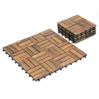 FURNOVATION Flooring Interlocking Deck Tiles Pack 10-12 x 12 Acacia Wood Waterproof Outdoor Flooring for Patio | Floor Decking Tile - Balcony Flooring, Dance Floor Covering (10, Acacia, 12 Slats)