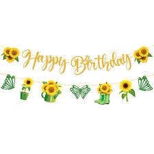 JUYRLE Sunflower Birthday Party Decorations- 2Pcs Rustic Sunflower Bunting Banner with Glitter Butterfly Sun Flower Happy Birthday Banner for Wedding Engagement Bridal Baby Shower Anniversary