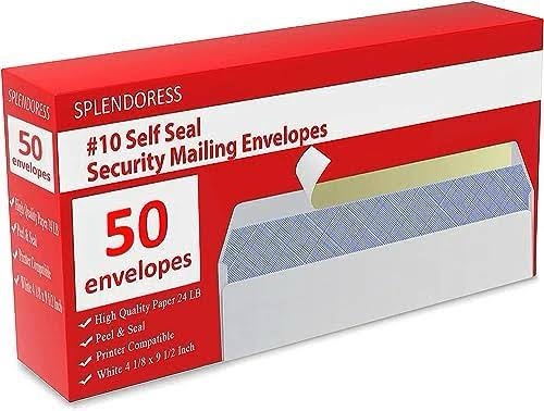 50 Count letter Envelopes #10 Business Envelopes Self Seal Stamp Envelopes Security Tint Pattern for Mailing Invoices and Statements envelopes letter size 4-1/8 x 9-1/2 Inch, white