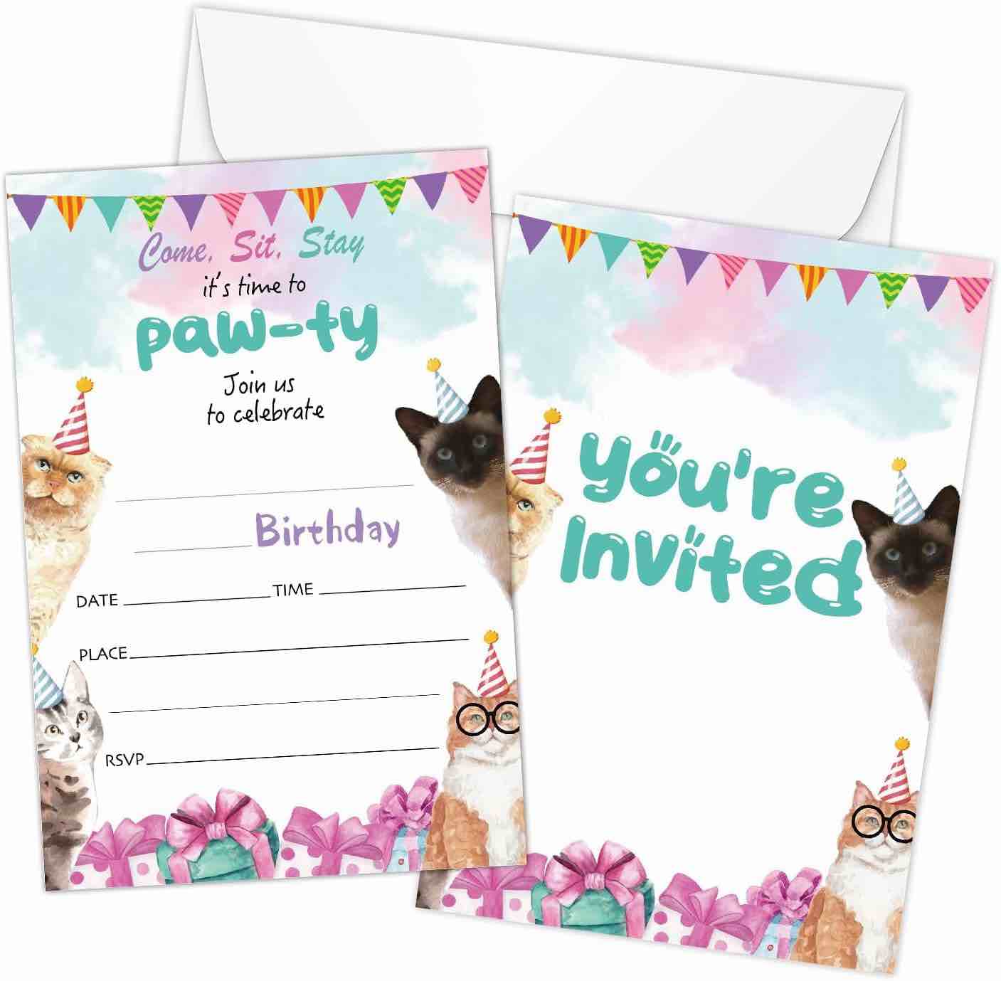 TDETO Cute Cat Birthday Invitations for Boys Girls, Let's Paw-Ty Kitty Cats Party invite, Birthday Party Invitations Supplies, Birthday Decorations for Any Age - 20 Invites With Envelopes -(A053)