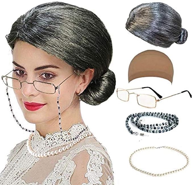 Old Lady Costume for Women, Kids 100 Days of School Grandma Wigs for Girls, Granny Costume Glasses for Halloween Adults