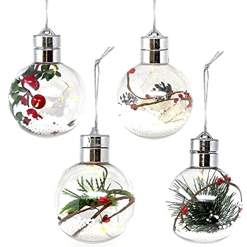 Allgala 4 Pack Twist-On Light Up Chistmas Tree Ball Ornaments with Snow and Variety of Plants-Ball-XB93131
