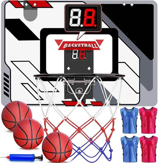 AGNEVE Basketball Hoop Indoor, Mini Basketball Hoop for Kids 5 6 7 8 9 10 11 12 Years Over The Door Basketball Hoop with Electronic Scoreboard and 3 Balls, 4pcs Team Practice Vests
