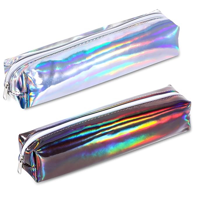 Amaxiu Holographic Pen Pencil Case, 2Pcs Colorful Pencil Pouch Small Stationary Bag Waterproof Pencil Organizer Aesthetic Makeup Bag Iridescent Bag Pencil Pouch for Women (Black+White)