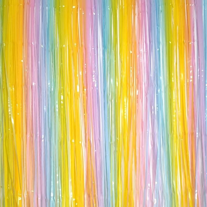 BRTOPMY 2 Packs 3.2ft x 8.3ft Rainbow Gradient Colorful Metallic Foil Fringe Curtain Pastel Candy Colored Metallic Tinsel Curtain Backdrop for Birthday Party Baby Shower Unicorn Party Decoration