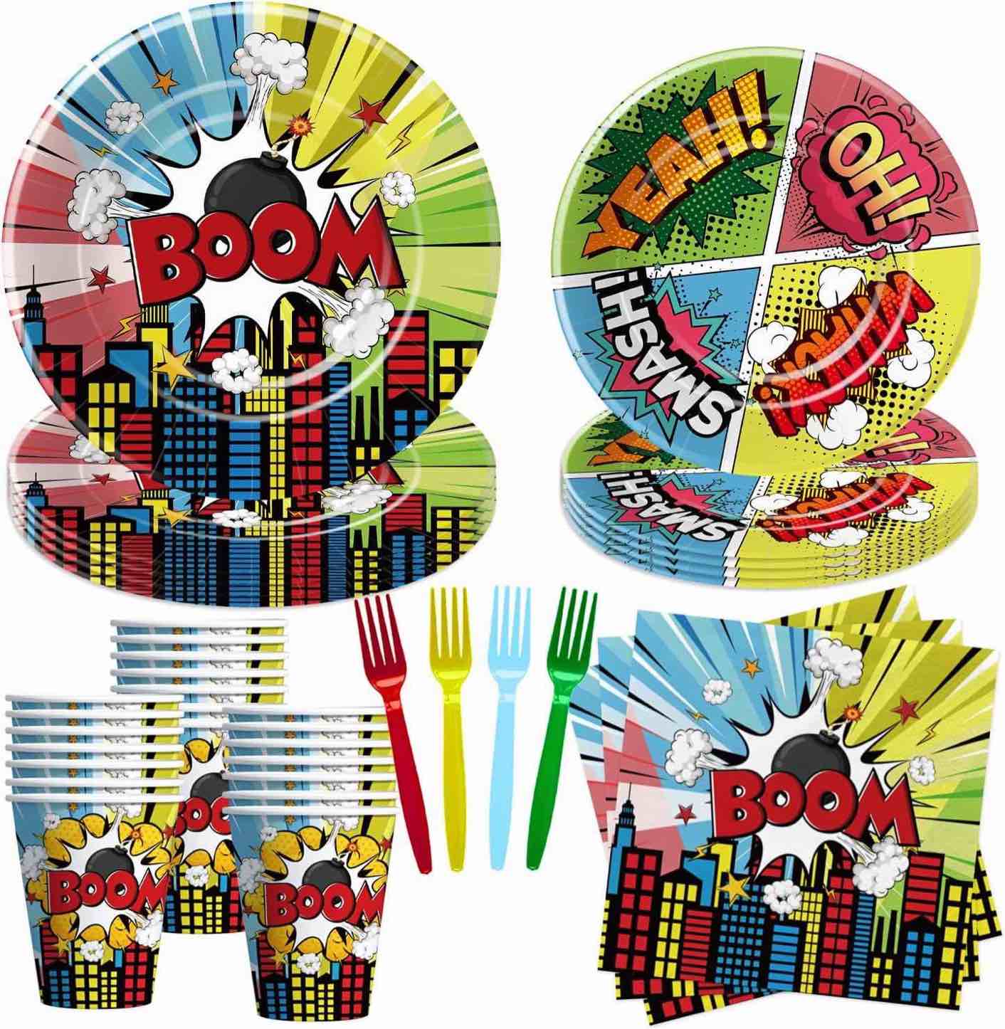 Superhero Birthday Plates And Napkins Party Supplies - Super Hero Birthday Decorations Tableware, Paper Plate, Cup, Napkin, Fork, Superhero Birthday Table Decorations Dinnerware | 24 Guests