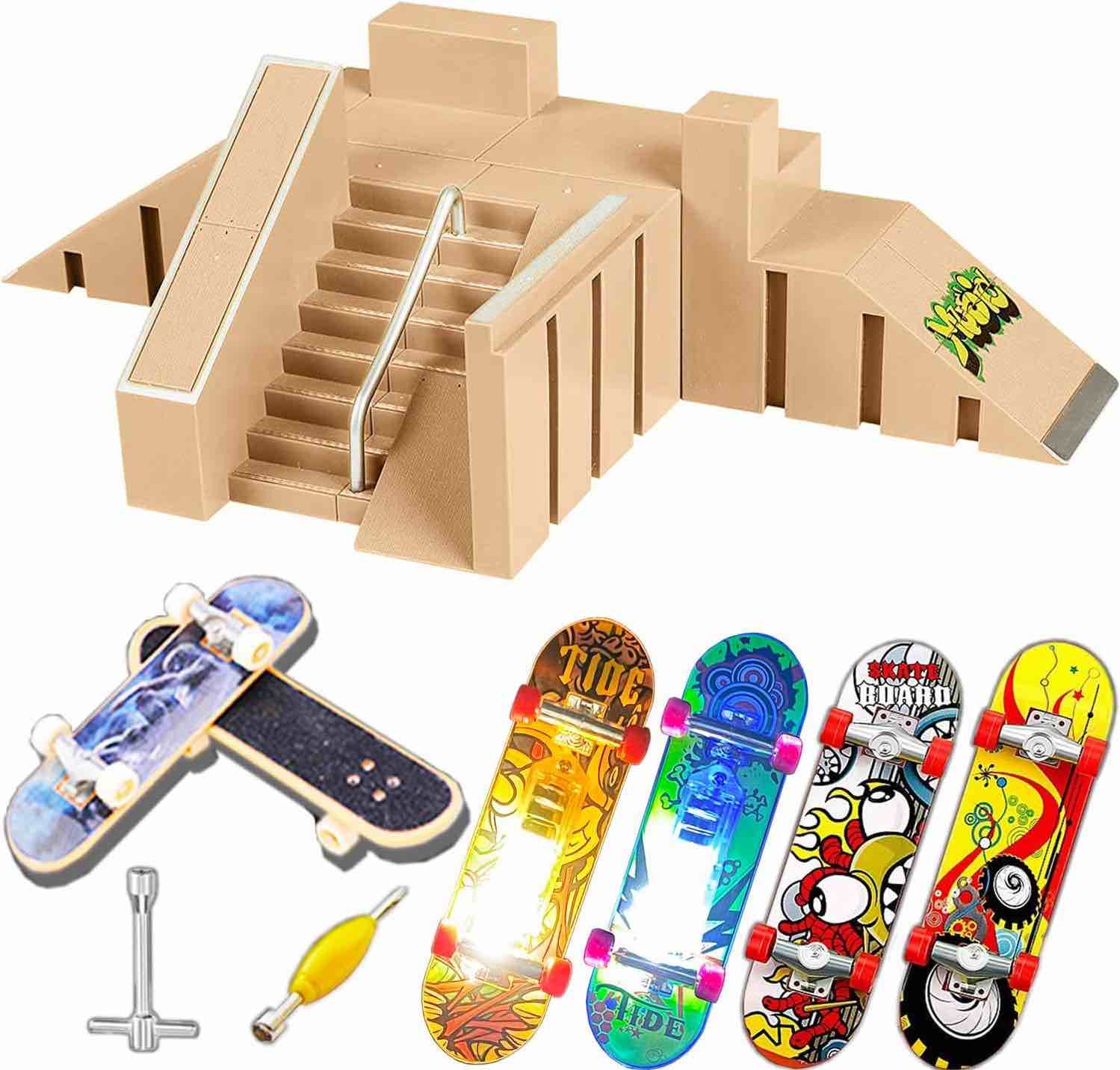 Finger Skateboards Kit 11 PCS, Finger Boards for Kids, Fingerboard Ramps Toys Set with Skateboards, Ramps, LED Skateboard, Screwdriver - Bigger Skateboard Ramp for Finger Board Training