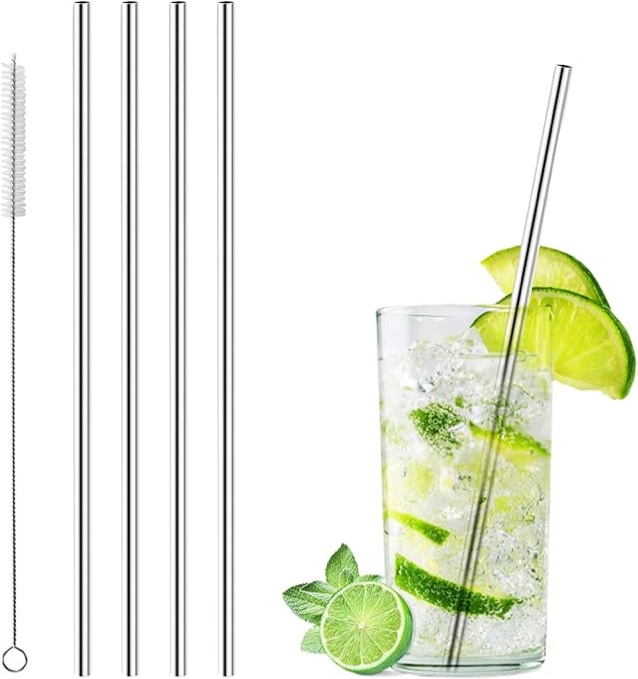 Set of 4 Stainless Steel Straws, Reusable Metal Straws for 20 oz Tumbler And Cups Mugs Cold Beverages, Cleaning Brush Included, Eco-Friendly Reuse Drinking Straws