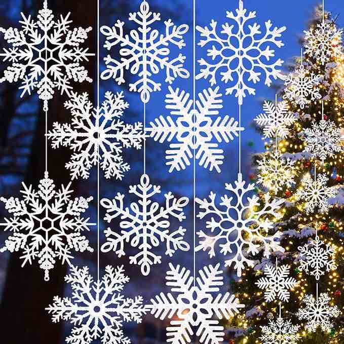 10PCS Extra Large Outdoor Snowflake Decorations Christmas Hanging Decoration Big Snowflake Ornaments 12'' Sparkling Christmas Glitter Snowflake 5 Styles Xmas Holiday Tree Decor Plastic Snowflakes