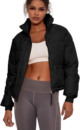 (Medium) materasu Quilted Jacket Cropped Puffer Coats Women Long Sleeve Puffer Jacket Stand Collar Baggy Short Down with Pockets