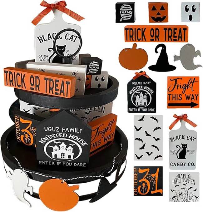 13 Pcs Halloween Tiered Tray Decorations Halloween Mini Banner Wooden Signs Decor with Black Cat, Cute Ghosts, Smiley Pumpkin, Haunted House Wooden Decor for or Halloween Home and Office Decor