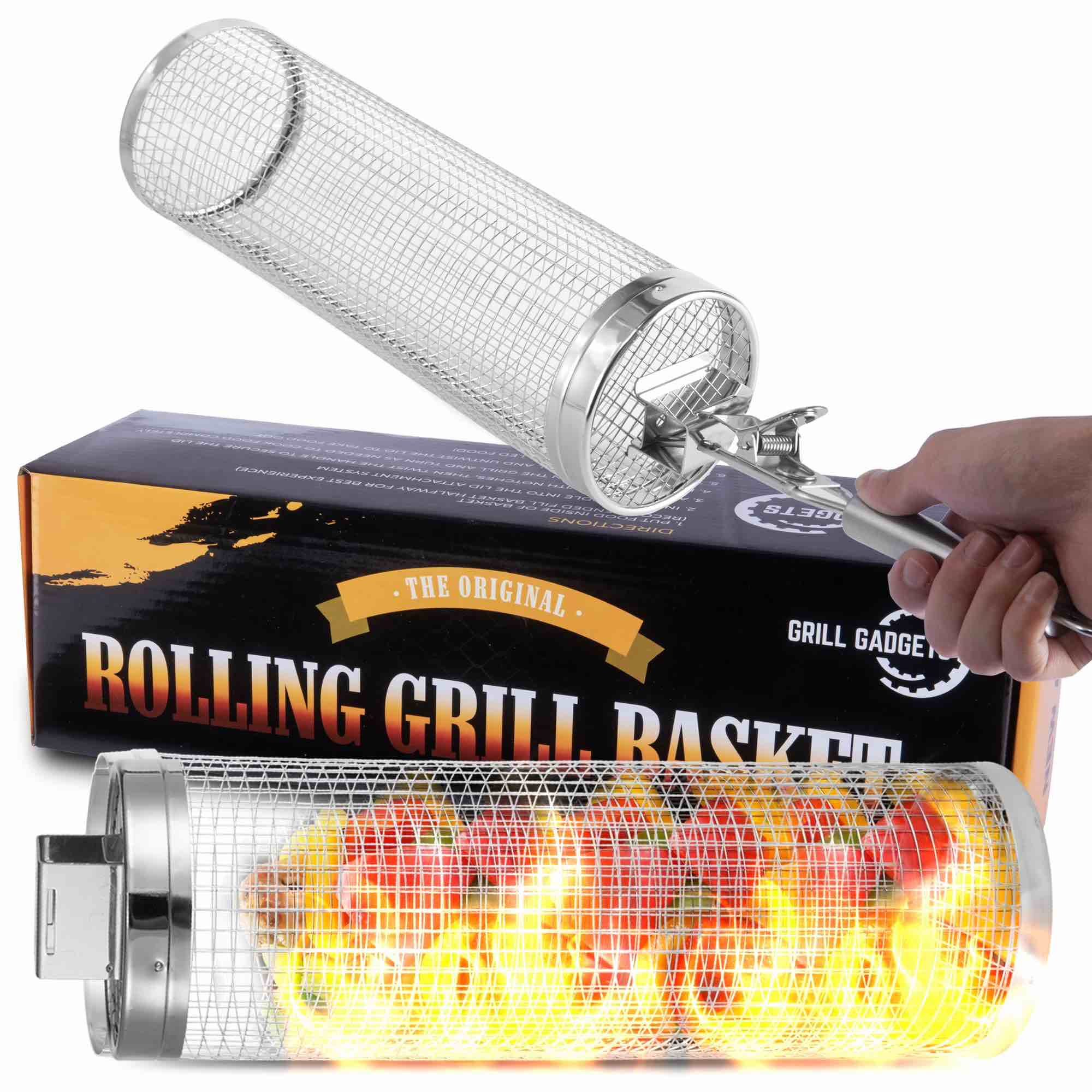 Grill Gadgets Tube Grill Basket for Rolling Grilling - Cylindrical Food Grade 304 Stainless Steel Mesh Upgraded with Safe Handle System & Secure Locking Lid. Stronger, Durable, Non-Stick, Easy to Use