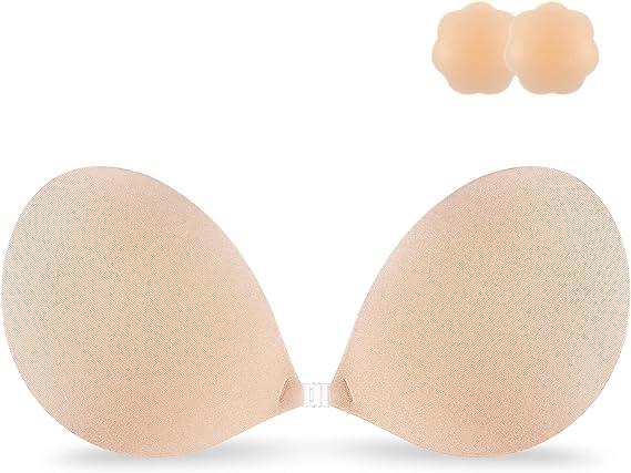 Invisible Push up Silicone Bra for Backless Dress with Nipple Covers Nude