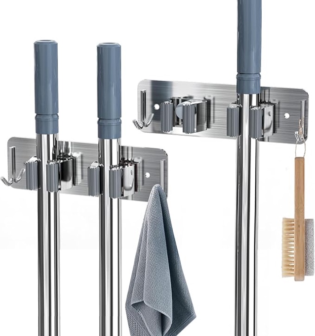 WEKEY Broom Holder Wall Mount Wall Mounted, Mop Organizer Wall Hanging,Heavy Duty Stainless Steel Broom Rack Fit With Laundry Kitchen Garage Garden Storage - 4 Racks 4 Hooks (Silver)