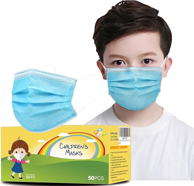 Face Masks 50 Pack Ages 4-12,Disposable 3-Layer Protection Filter Face Mask for Kids Safety Anti Dust Cove