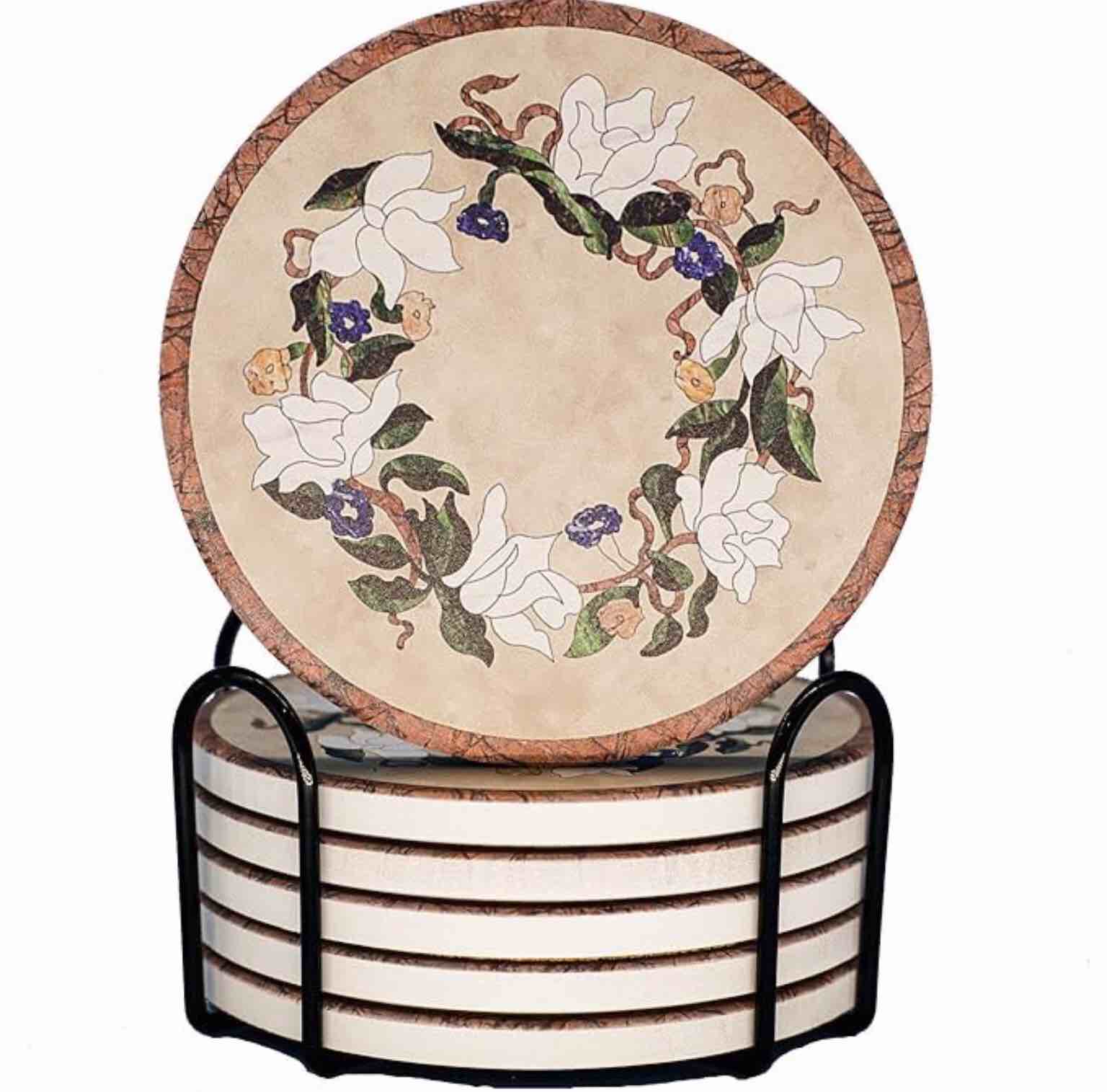 Ceramic Drink Coasters with Holder,Absorbent 4-inch Round Coasters ,6-Piece Marbling Coaster Set,Non-Slip Cork Bottom