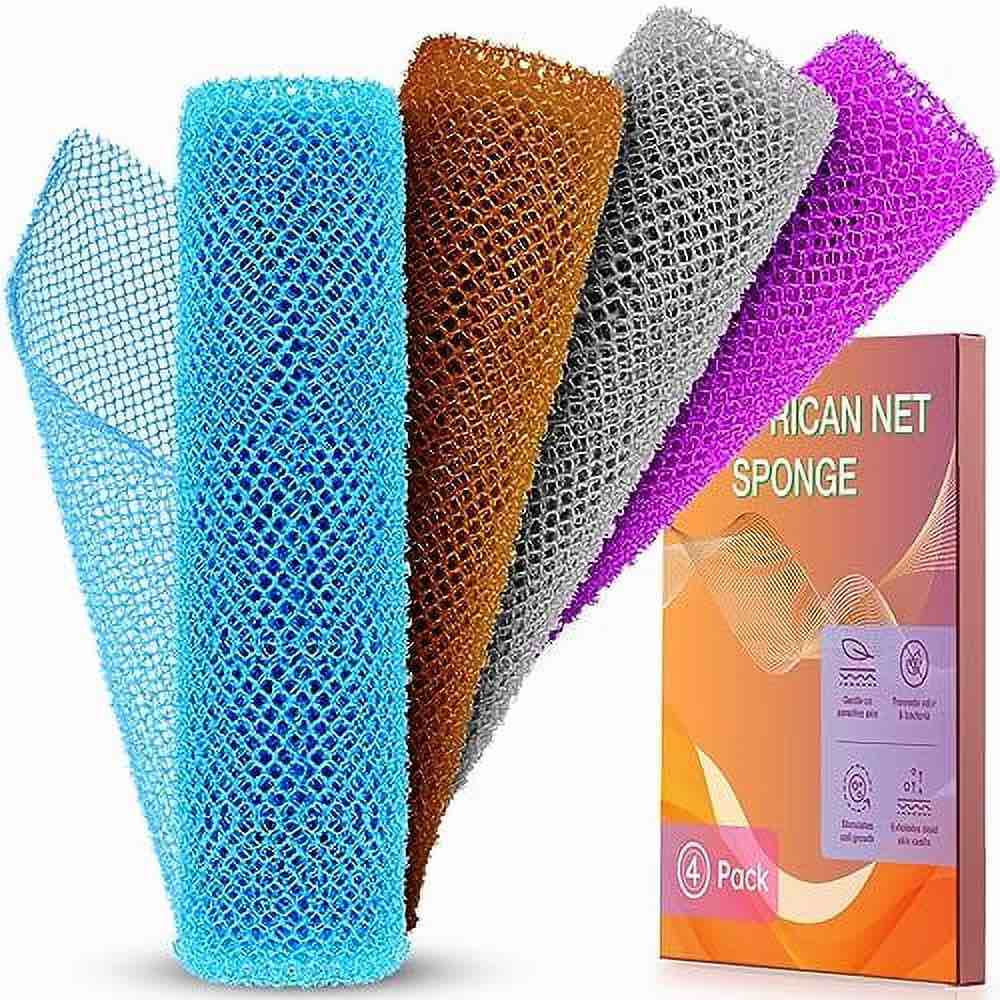 4 Pieces African Bath Sponge African Net Long Net Bath Sponge Exfoliating Shower Body Scrubber Back Scrubber Skin Smoother,Great for Daily Use (Brown, Blue, Purple,Grey)
