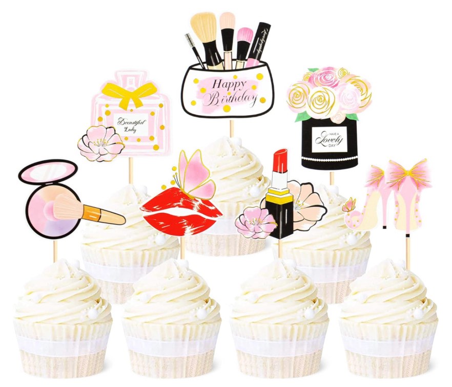 Ercadio 35 Pack Makeup Cupcake Toppers Lipstick Cake Picks Makeup Box Cupcake Decors with Eyelash Curler Makeup Brushes for Bridal Shower Cosmetics Party Decorations Supplies