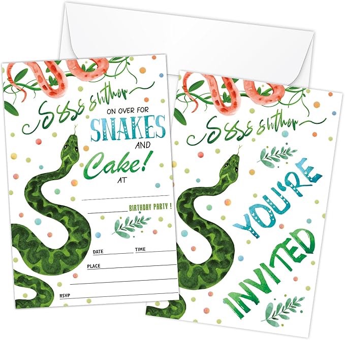 Jungle Reptile Theme Birthday Invitations for Boys Girls, Snake and Cakes Party invite, Birthday Party Invitations Supplies, Birthday Decorations for Any Age - 20 Invites With Envelopes -(A081)