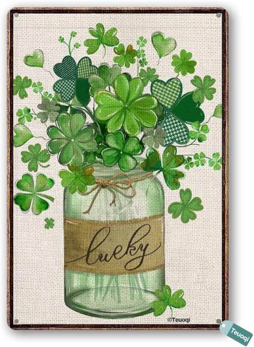 Retro Tin Sign St Patricks Day Green Shamrocks Clovers Mason Jar Lucky Welcome Holiday Decoration Valentines Day Metal Signs Wall Decor 8x12 in