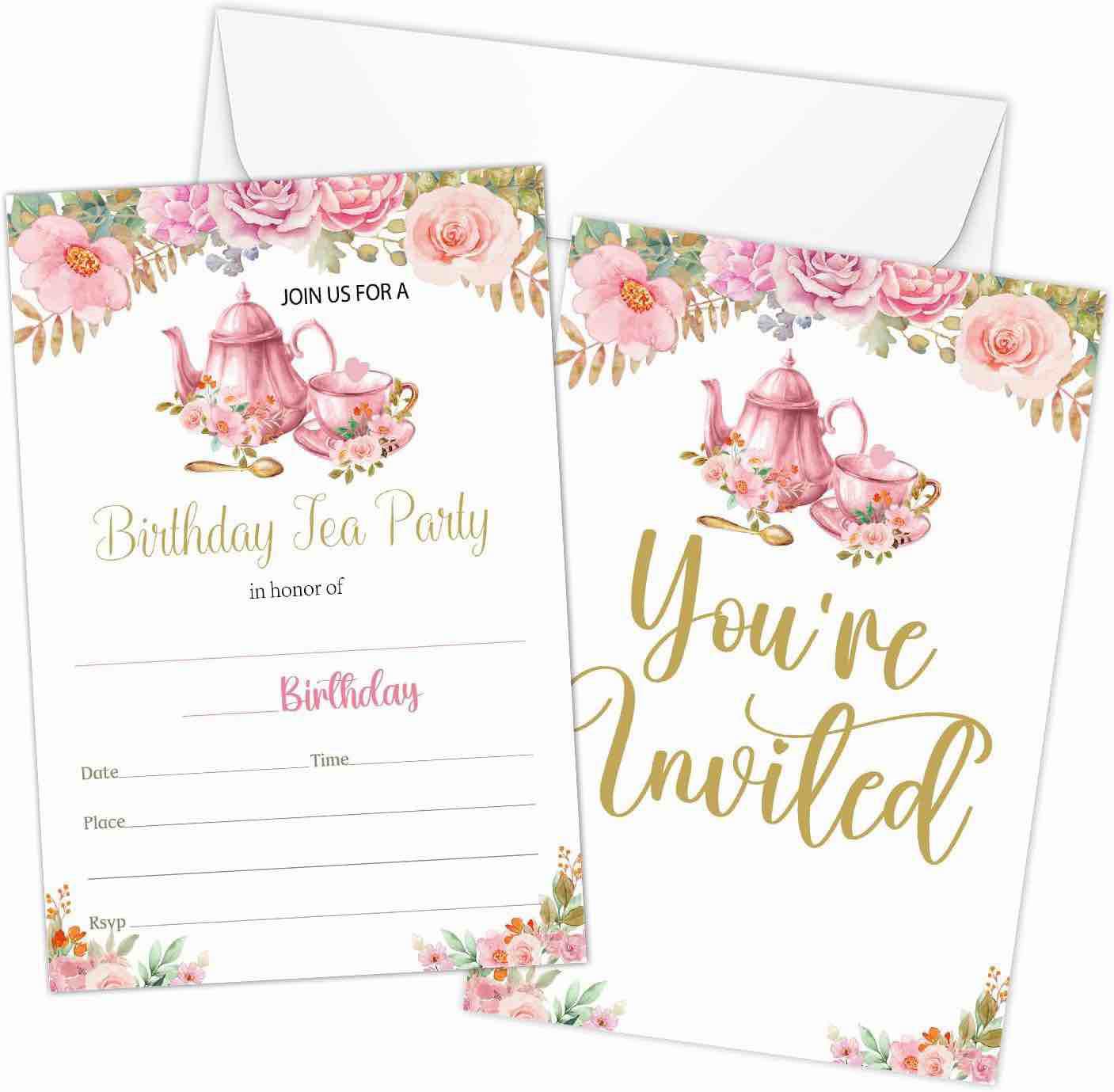 TDETO Floral Tea Party Birthday Invitations for Boys Girls, Garden High Tea Party invite, Birthday Party Invitations Supplies, Birthday Decorations for Any Age - 20 Invites With Envelopes -(A078)