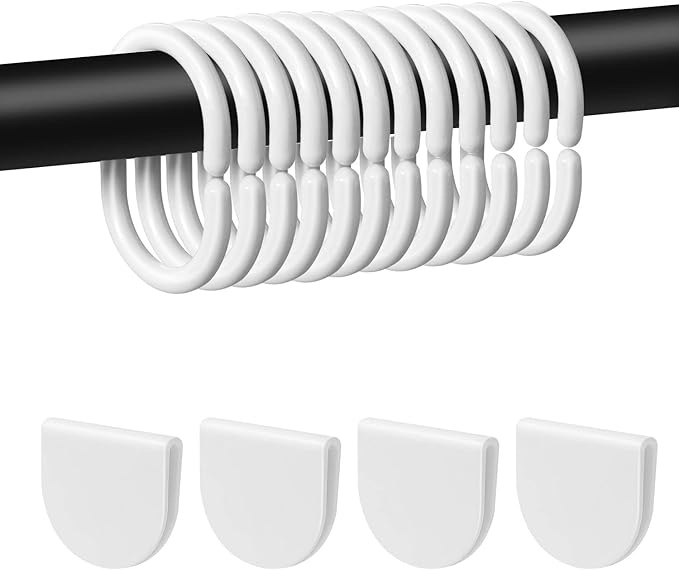 12pcs Shower Curtain Hook Rings + 4pcs Windproof Stop Protect Clips, Self Adhesive Splash Guard Clip, Anti-Drop C Shape Plastic Shower Curtain Hook for Bathroom Shower Rods Curtains