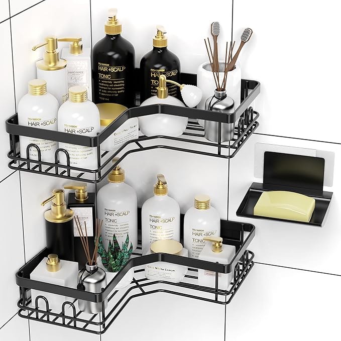 Endil Corner Shower Caddy — Shower Organizer — Corner Shower Shelf with Soap Rack — Strong Adhesive with 8 Hooks — Waterproof, Rustproof Wall-Mounted Shower Shelves for Bathroom and Kitchen