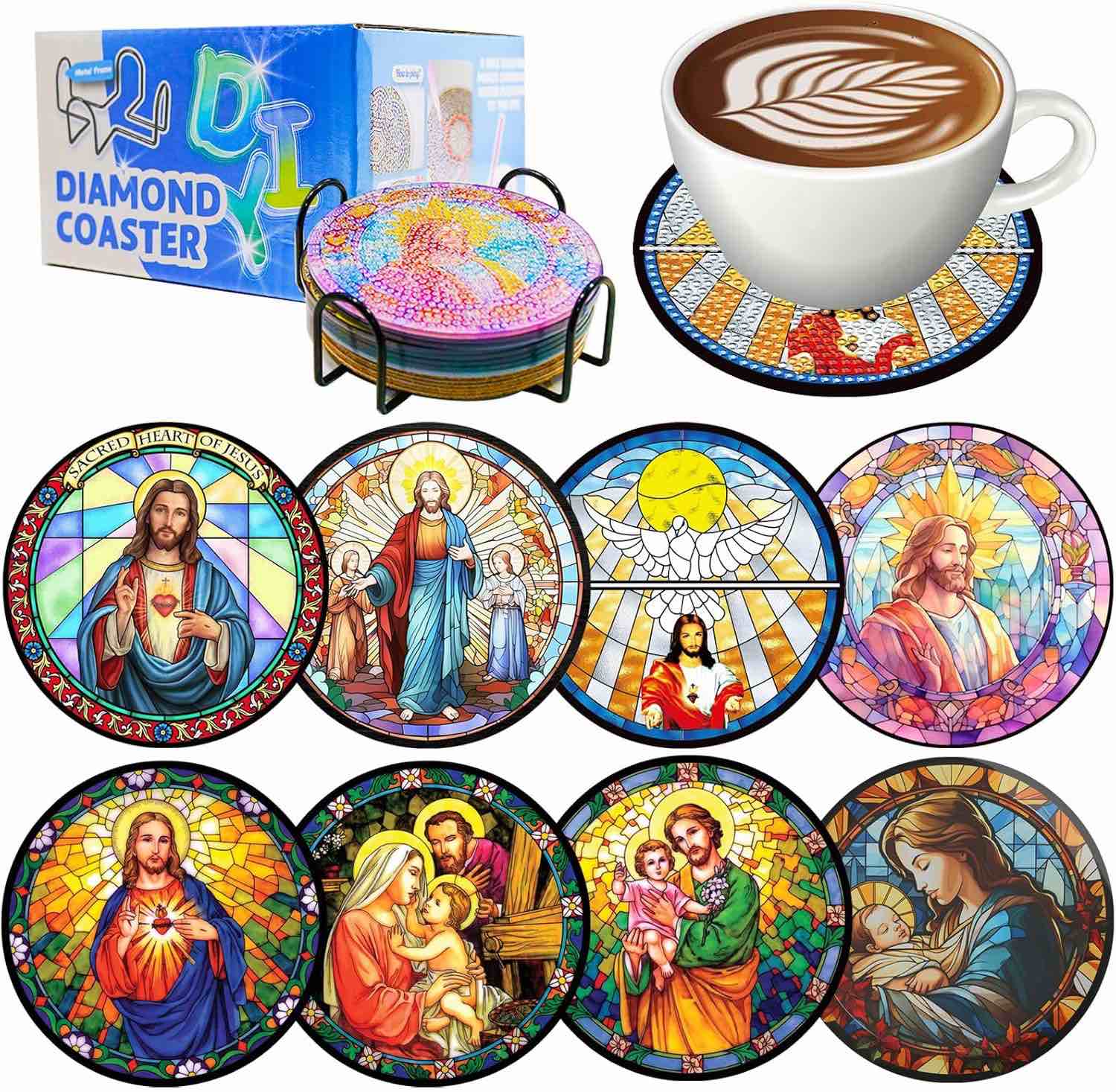8 Pieces Christmas Jesus Diamond Art Painting Coasters Kits with Holder — Christmas Jesus Diamond Art Coaster Crafts with Acrylic Bases — Anti-Slip Pad for Adults — Diamond Painting Decor for Christmas Eve Gift