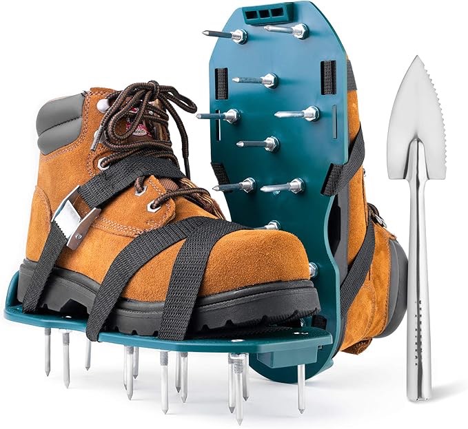 Lawn Aerator Shoes - Comfortable Grass Aerating Spike Sandals for Lawns with Stainless Steel Shovel - Soil Aeration Shoe Pair with Spikes - Single Strap Design & Nonslip Metal Buckle