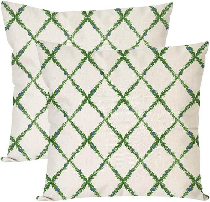 Grand Millenial Throw Pillow Covers 18x18 Inch Set of 2 Green Lattice Trellis Boho Vintage Outdoor Spring Decorations Decorative Throw Pillows Cases for Home Bed Living Room Couch Decor