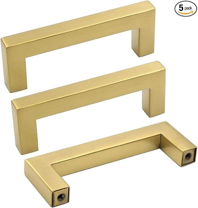 goldenwarm Brushed Brass Cabinet Handles Drawer Pulls and Knobs 5 Pack - LSJ12GD76 Stainless Steel 3 in Bar Handle Knob Pull Fine-Brushed Satin Gold Furniture Hardware