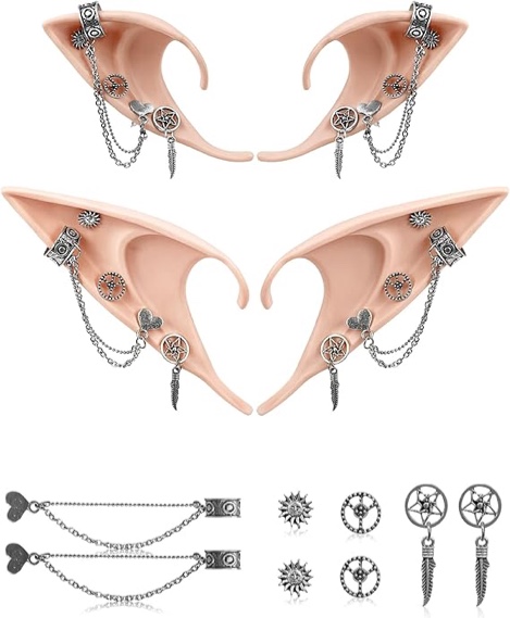 Hikkcos Elf Ears with Piercings Earrings Halloween Fairy Ears Soft Pointed Elf Ears for Fairy Costume Accessories