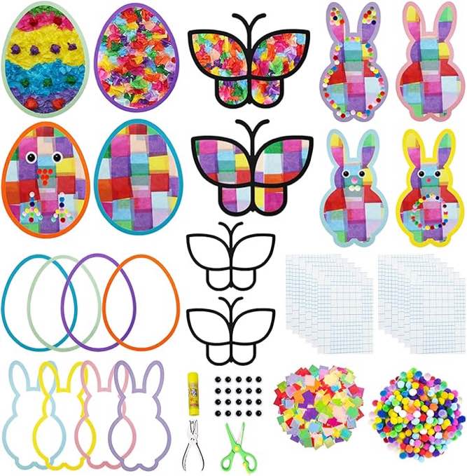 Exquiss Easter DIY Crafts Tissue Paper Suncatcher Bunny Egg Butterfuly Suncatchers Crafts with 1600pcs Craft Kits for Kids Easter Crafts Suncatchers Easter DIY Activities School Art Crafts