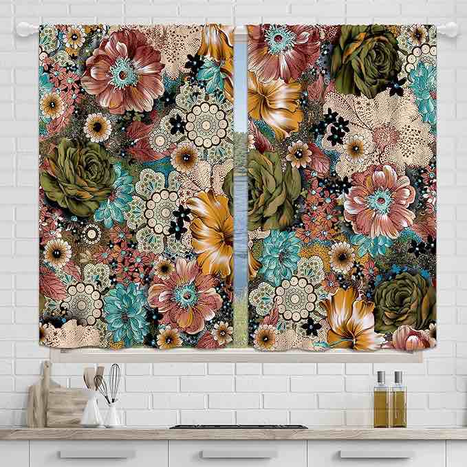 Yorida Boho Flower Kitchen Curtains, Bohemian Floral Mandala Short Curtains Vintage Paisley Colorful Blossom Indian Medallion Cafe Small Bathroom Curtains Window Treatment Tiers Drapes 27.5x39 Inch