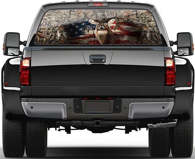 Oasisdream Personalise American Hunting Deer Flag Rear Window Decals for Trucks Suvs Universal Size 65"X22" Cool Print Truck Window Decals