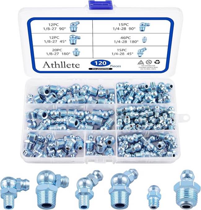 SAE Grease Fittings Kit 120pcs Hydraulic Grease Zerk Assortment Kit, Straight and Angled Grease Zerk Kit for Grease Guns Mechanical Lubrication, 1/4" 1/8" Straight 45 90 Degree Grease Gun Fittings