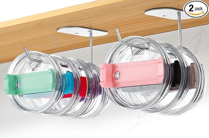 2PCS Tumbler Lid Organizer for Stanley Owala Yeti Simple Modern, Space Saving Cup Lid Hook Self-Adhesive Drilling Holder for Kitchen Inside Under Cabinet Organizers and Storage