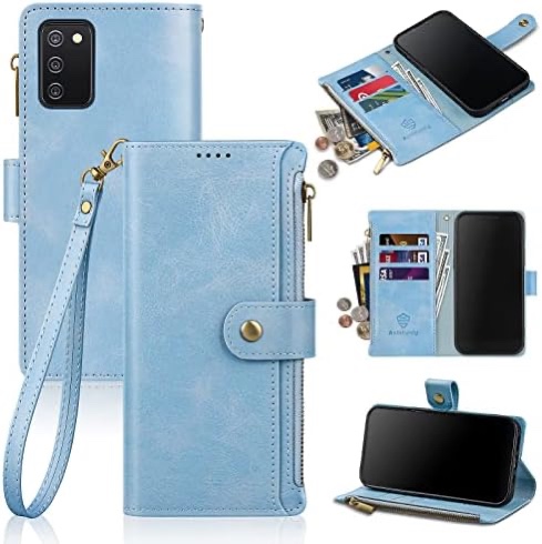 Antsturdy Samsung Galaxy A02S Wallet case with Card Holder for Women Men,Galaxy A02S Phone case RFID Blocking PU Leather Flip Shockproof Cover with Strap Zipper Credit Card Slots, Sky Blue