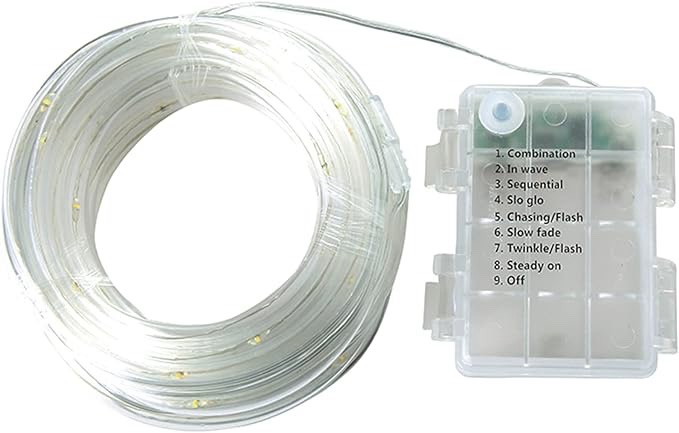 5Meters/16.4Ft 50LEDs Rope Light Combination In waves Sequential Slo-glo Chasing/flash Slow Fade Twinkle/flash Steady on 8 Different Lighting Effects/ IP54 Water Resistance/ 3 * AA Cell Operated