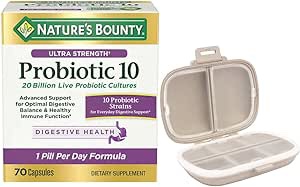Natures Bounty Ultra Strength Probiotic 10, 70 Capsules Bundle with a Travel Pill Organizer, 8 Compartments Portable Pill Case, Color Khaki