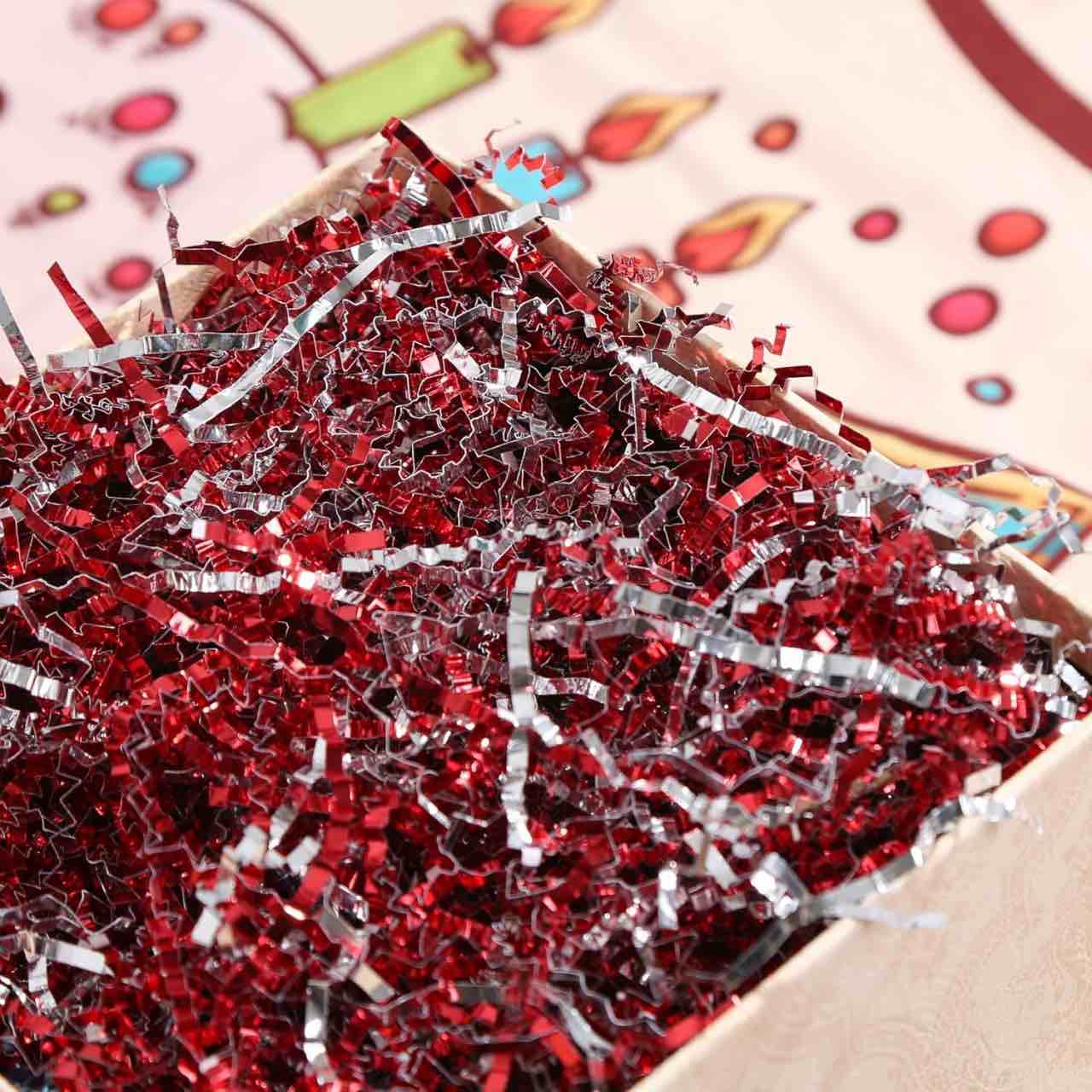 Soiprva 1/2 LB Red silver Crinkle Cut Paper Filler Shred for Gift Box, Sparkling Shredded Paper Raffia Tissue, Craft Cushion for Christmas Wedding Valentines Day Gift Basket Bag Packaging.