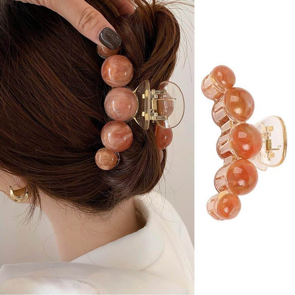 KOLONAMS Hair Clip, Pearl Design, Grapefruit Color, Acrylic, Large, Strong Hold, Fashion Hair Accessory for Women, Birthday, Wedding