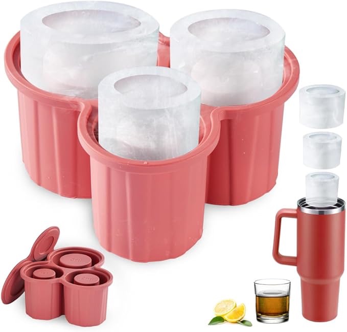 Kosuke Ice Cube Tray with Lid for Stanley Cup?Silicone Ice Mold Cylinder for Freezer, Ice Drink, Juice, Whiskey, Cocktail, Accessories for 30-40 Oz Cups Red