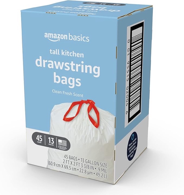 Amazon Basics Tall Kitchen Drawstring Trash Bags, Clean Fresh Scent, 13 Gallon, 45 Count (Previously Solimo) 45 Count (Pack of 1)