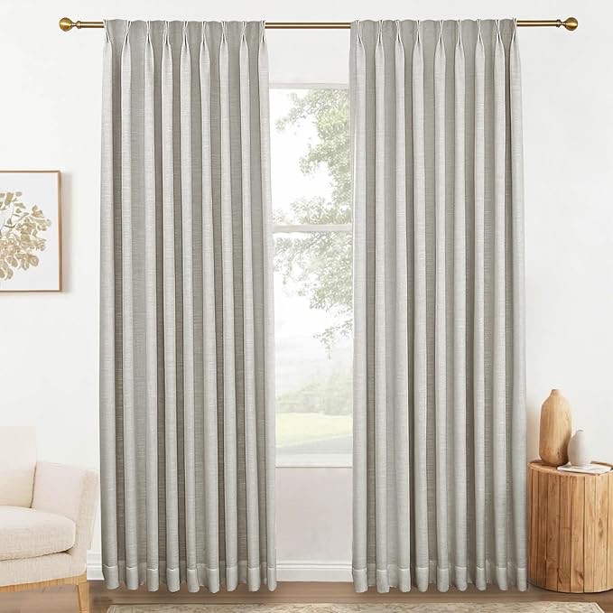 Linen Blackout Curtains 108 inches Long Pinch Pleat Linen Textured Energy Saving Window Curtains with Back Tabs for Bedroom, 52W x 108L, Light Gray, 1 Panel